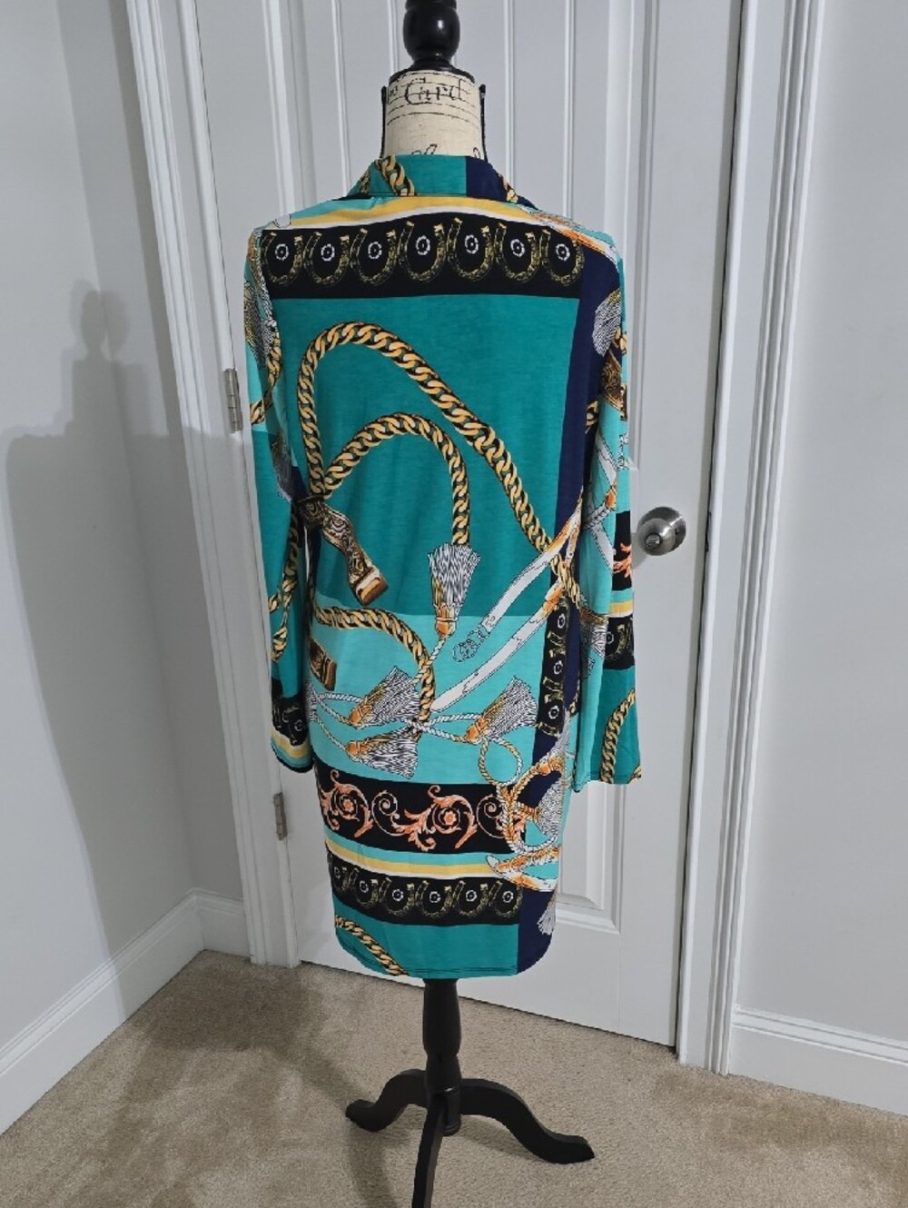 Teal Chain-Print Long Sleeve Shirt Dress - Picture 2 of 2
